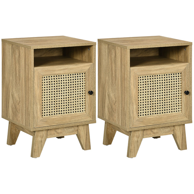Natural Rattan Bedside Table with Cupboard and Shelf Storage - Brown