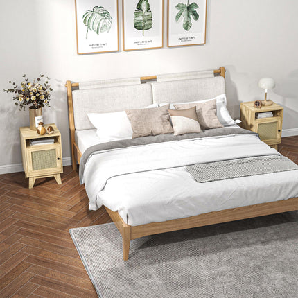 Natural Rattan Bedside Table with Cupboard and Shelf Storage - Brown