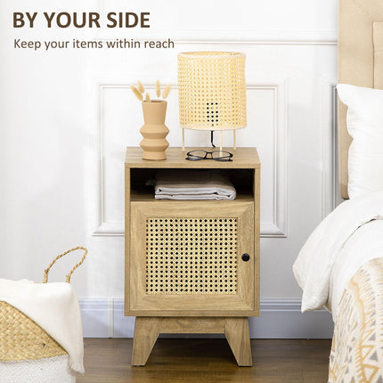 Natural Rattan Bedside Table with Cupboard and Shelf Storage - Brown