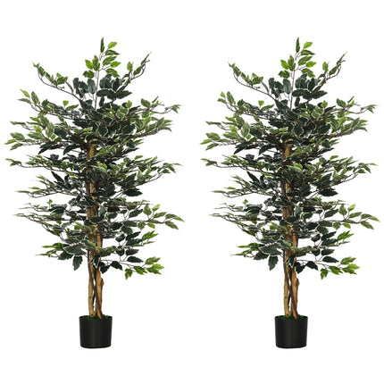 Set of 2 Artificial 130cm Ficus Trees in Pot with Lifelike Leaves and Natural Trunks - Green