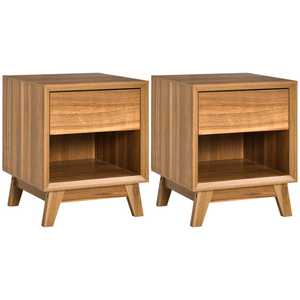 Set of 2 Modern Walnut Brown Bedside Tables with Drawer and Shelf - Walnut Brown