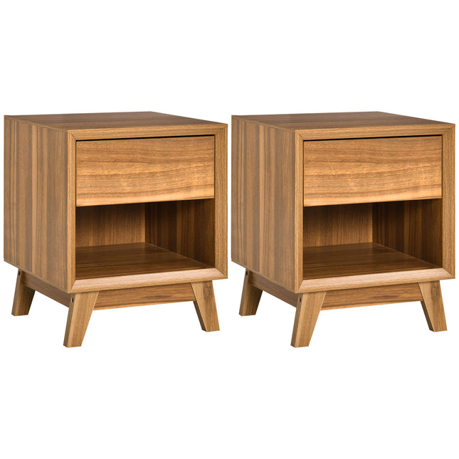 Set of 2 Modern Walnut Brown Bedside Tables with Drawer and Shelf - Walnut Brown
