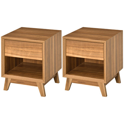 Set of 2 Modern Walnut Brown Bedside Tables with Drawer and Shelf - Walnut Brown