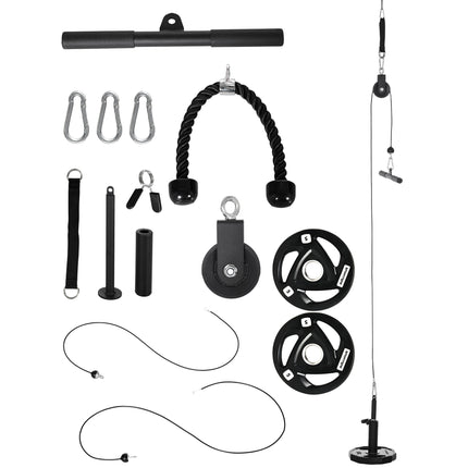Cable Machine Pulley System with 2x5kg Olympic Weight Plates and Lat Pull Down - Black