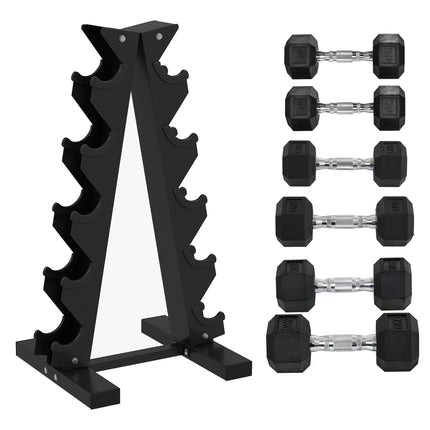5-Tier Dumbbell Rack with 6 Hexagonal Rubber Dumbbells (2x4kg, 2x5kg, 2x6kg), Dumbbell Storage Stand Holder with Weights Sets for Home Gym Fitness, Black
