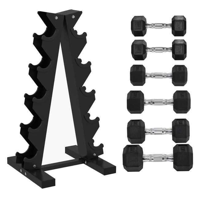 5-Tier Dumbbell Rack with 6 Hexagonal Rubber Dumbbells (2x4kg, 2x5kg, 2x6kg), Dumbbell Storage Stand Holder with Weights Sets for Home Gym Fitness, Black