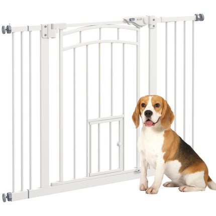 Pressure Fit Stair Dog Gate with Small Cat Door, Automatic Closing & Double Lock for 74-100cm Openings - White