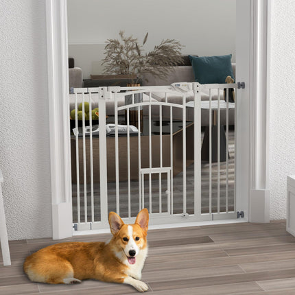 Pressure Fit Stair Dog Gate with Small Cat Door, Automatic Closing & Double Lock for 74-100cm Openings - White