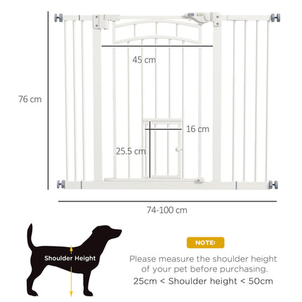 Pressure Fit Stair Dog Gate with Small Cat Door, Automatic Closing & Double Lock for 74-100cm Openings - White
