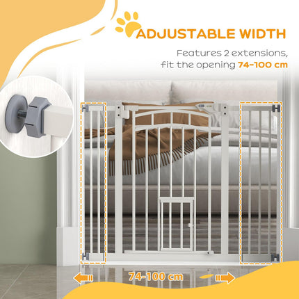Pressure Fit Stair Dog Gate with Small Cat Door, Automatic Closing & Double Lock for 74-100cm Openings - White
