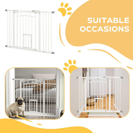 Pressure Fit Stair Dog Gate with Small Cat Door, Automatic Closing & Double Lock for 74-100cm Openings - White
