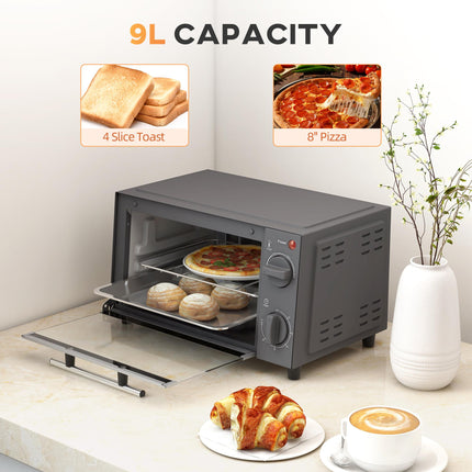 9L Mini Electric Oven with Adjustable Temperature & Dishwasher Safe Tray - Grey