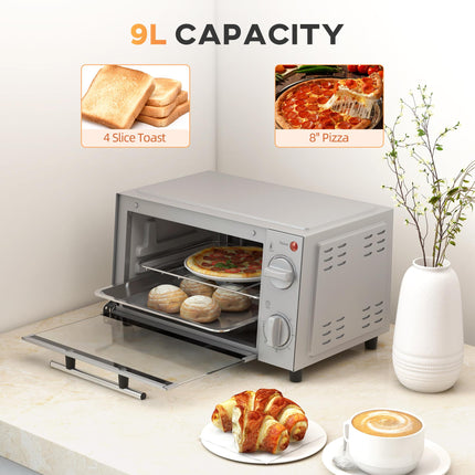 9L Mini Electric Countertop Oven With Adjustable Temperature - Silver