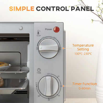 9L Mini Electric Countertop Oven With Adjustable Temperature - Silver