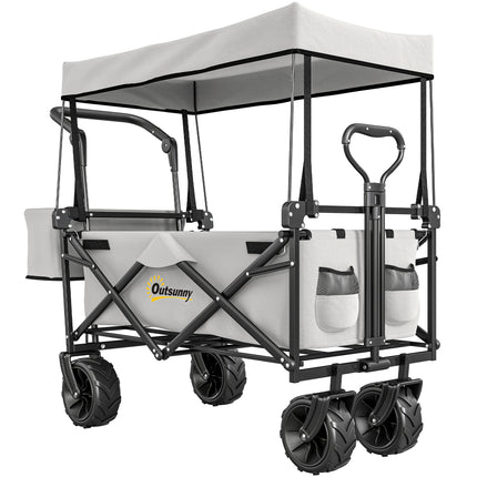 Folding Trolley Cart Storage Wagon with Overhead Canopy and 4 Wheels for Camping & Beach - Grey