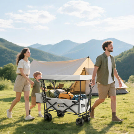 Folding Trolley Cart Storage Wagon with Overhead Canopy and 4 Wheels for Camping & Beach - Grey