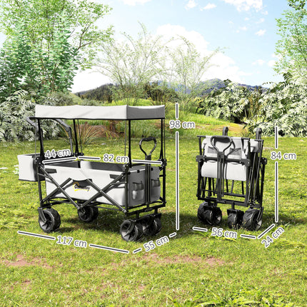 Folding Trolley Cart Storage Wagon with Overhead Canopy and 4 Wheels for Camping & Beach - Grey