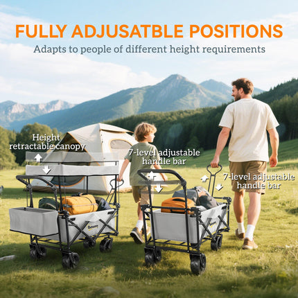Folding Trolley Cart Storage Wagon with Overhead Canopy and 4 Wheels for Camping & Beach - Grey
