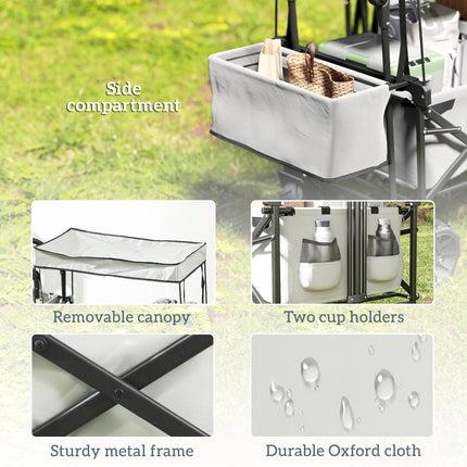 Folding Trolley Cart Storage Wagon with Overhead Canopy and 4 Wheels for Camping & Beach - Grey