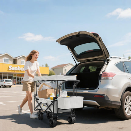Folding Trolley Cart Storage Wagon with Overhead Canopy and 4 Wheels for Camping & Beach - Grey