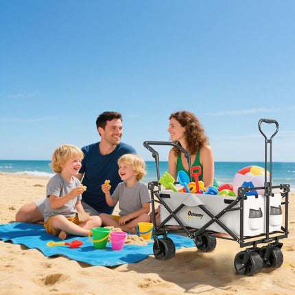Folding Trolley Cart Storage Wagon with Overhead Canopy and 4 Wheels for Camping & Beach - Grey