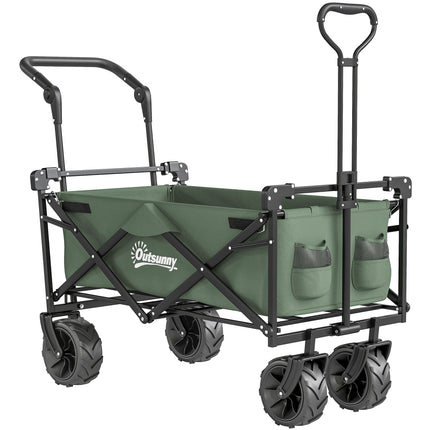 Folding Trolley Cart Storage Wagon with Overhead Canopy and 4 Wheels for Camping and Beach - Green