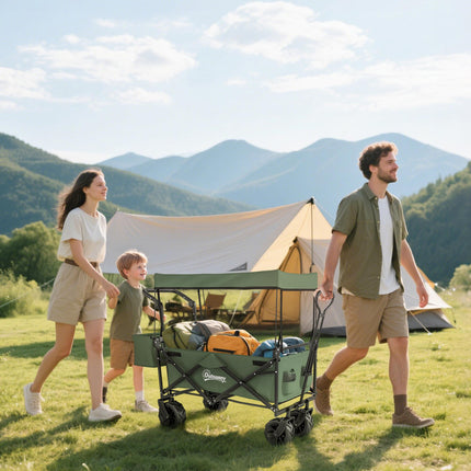 Folding Trolley Cart Storage Wagon with Overhead Canopy and 4 Wheels for Camping and Beach - Green