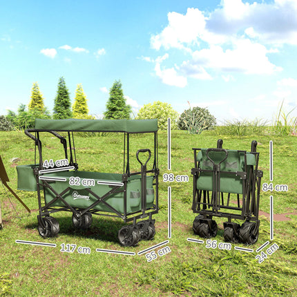 Folding Trolley Cart Storage Wagon with Overhead Canopy and 4 Wheels for Camping and Beach - Green