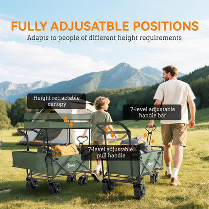 Folding Trolley Cart Storage Wagon with Overhead Canopy and 4 Wheels for Camping and Beach - Green