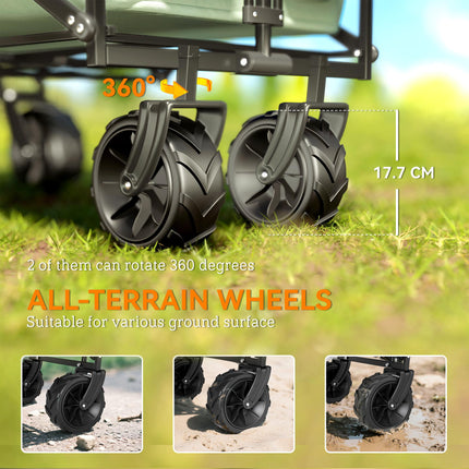 Folding Trolley Cart Storage Wagon with Overhead Canopy and 4 Wheels for Camping and Beach - Green