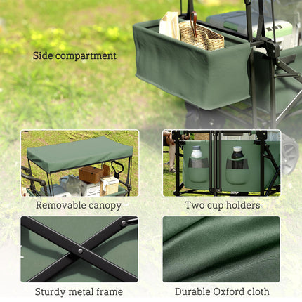 Folding Trolley Cart Storage Wagon with Overhead Canopy and 4 Wheels for Camping and Beach - Green