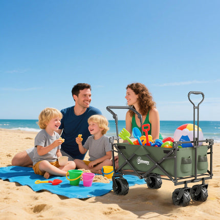Folding Trolley Cart Storage Wagon with Overhead Canopy and 4 Wheels for Camping and Beach - Green