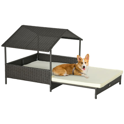 Extendable Elevated Rattan Dog Bed with Water-Resistant Roof and Removable Cushion for Small to Medium Dogs - Brown and White Cream