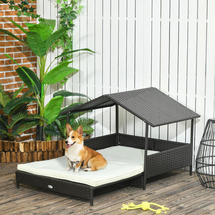Extendable Elevated Rattan Dog Bed with Water-Resistant Roof and Removable Cushion for Small to Medium Dogs - Brown and White Cream