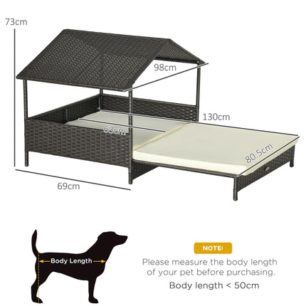 Extendable Elevated Rattan Dog Bed with Water-Resistant Roof and Removable Cushion for Small to Medium Dogs - Brown and White Cream