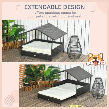 Extendable Elevated Rattan Dog Bed with Water-Resistant Roof and Removable Cushion for Small to Medium Dogs - Brown and White Cream
