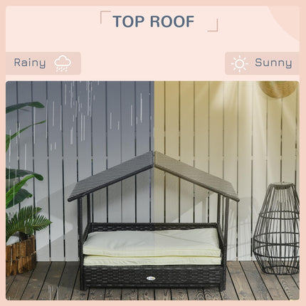Extendable Elevated Rattan Dog Bed with Water-Resistant Roof and Removable Cushion for Small to Medium Dogs - Brown and White Cream
