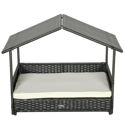 Extendable Elevated Rattan Dog Bed with Water-Resistant Roof and Removable Cushion for Small to Medium Dogs - Brown and White Cream