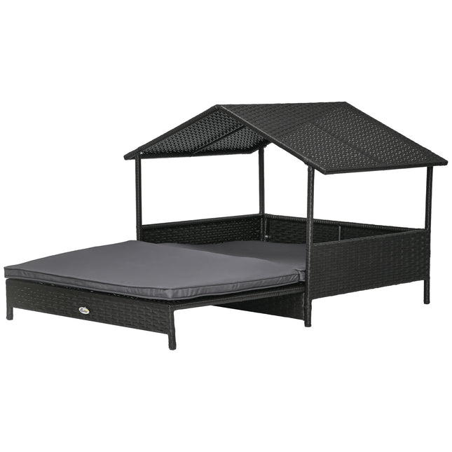Extendable Elevated Rattan Dog Bed with Water-Resistant Roof and Removable Cushion for Small to Medium Dogs - Grey