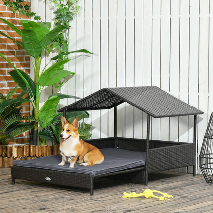 Extendable Elevated Rattan Dog Bed with Water-Resistant Roof and Removable Cushion for Small to Medium Dogs - Grey