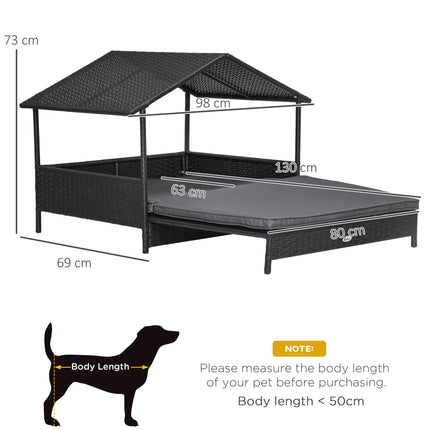 Extendable Elevated Rattan Dog Bed with Water-Resistant Roof and Removable Cushion for Small to Medium Dogs - Grey