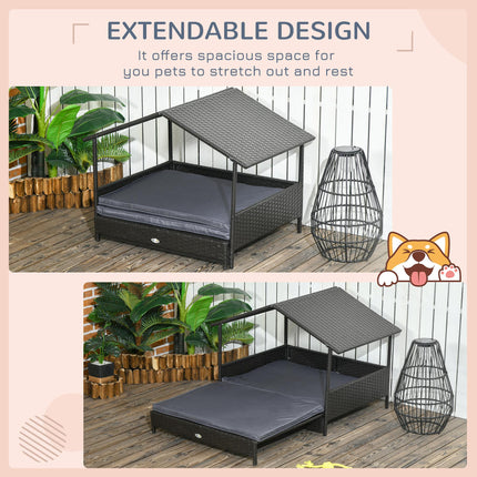Extendable Elevated Rattan Dog Bed with Water-Resistant Roof and Removable Cushion for Small to Medium Dogs - Grey