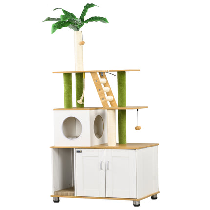 2-in-1 Hidden Cat Litter Box and Green Leaf Cat Tree with House, Ladder, Scratching Posts, Platforms - Oak