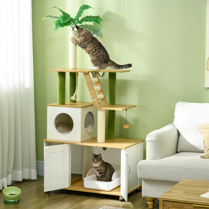 2-in-1 Hidden Cat Litter Box and Green Leaf Cat Tree with House, Ladder, Scratching Posts, Platforms - Oak