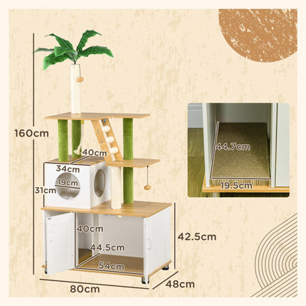 2-in-1 Hidden Cat Litter Box and Green Leaf Cat Tree with House, Ladder, Scratching Posts, Platforms - Oak