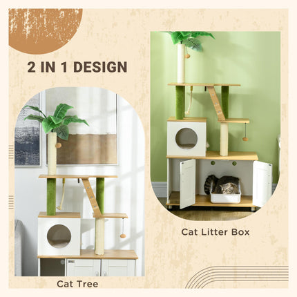 2-in-1 Hidden Cat Litter Box and Green Leaf Cat Tree with House, Ladder, Scratching Posts, Platforms - Oak