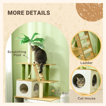 2-in-1 Hidden Cat Litter Box and Green Leaf Cat Tree with House, Ladder, Scratching Posts, Platforms - Oak