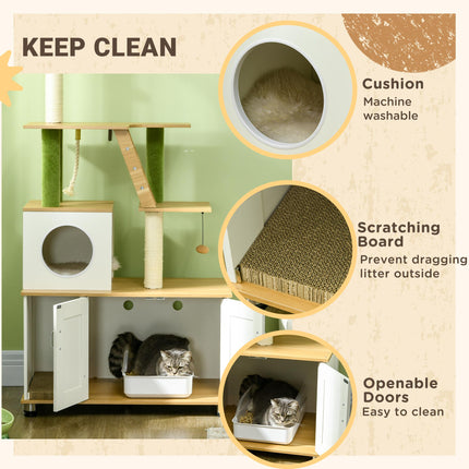 2-in-1 Hidden Cat Litter Box and Green Leaf Cat Tree with House, Ladder, Scratching Posts, Platforms - Oak