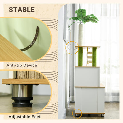 2-in-1 Hidden Cat Litter Box and Green Leaf Cat Tree with House, Ladder, Scratching Posts, Platforms - Oak