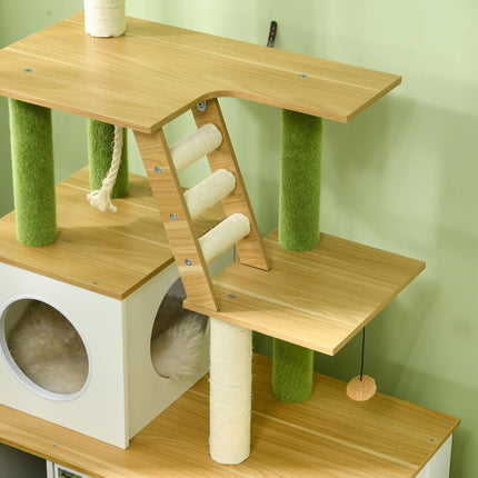 2-in-1 Hidden Cat Litter Box and Green Leaf Cat Tree with House, Ladder, Scratching Posts, Platforms - Oak